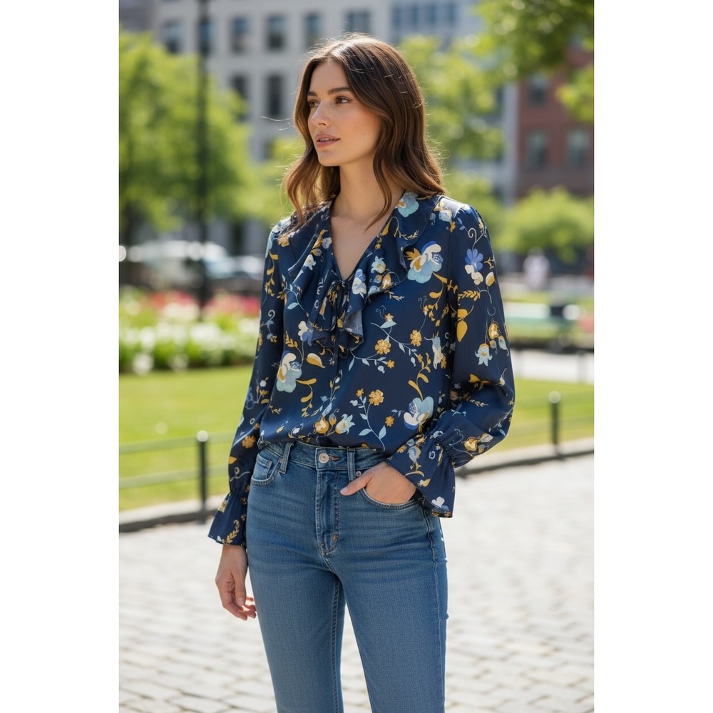 Finn Grace Navy Floral Ruffle Tie Neck Long Sleeve Blouse Women's XS